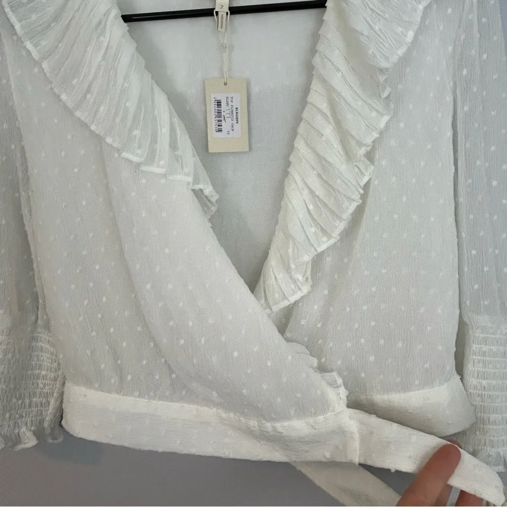 MWT Maje Plumeti Cropped White Wrap Ruffle V-neck Wrap Blouse Size 2 NEW - Picture 4 of 15